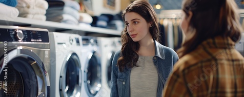 Young woman listening attentively in a conversation at a laundromat with washing machines around.