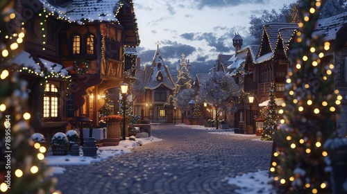 A charming village square alive with the sounds of carolers singing and children laughing, surrounded by festive decorations and twinkling light