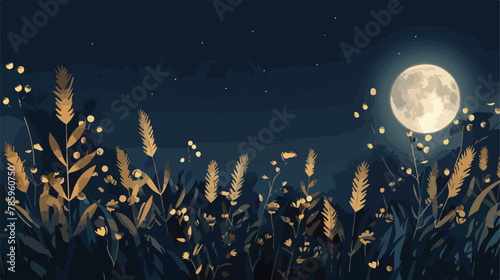 Night landscape with full moon and golden meadow grass