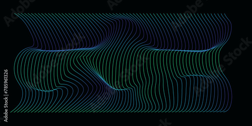 Vector wavy blue green gradient lines pattern curve flowing dynamic isolated on black background for concept of technology, ocean, cover, banner, digital, communication, science, music.