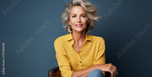 Graceful senior woman with silver hair, dressed in a yellow blouse, radiates confidence and elegance against a cool blue background.