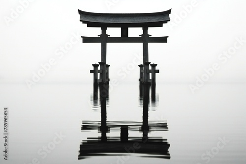 Japanese Shinto Shrine in the fog, reflection in the water