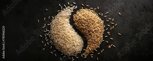 Rice in a Yin yang sign composition isolated over the black background .generative ai