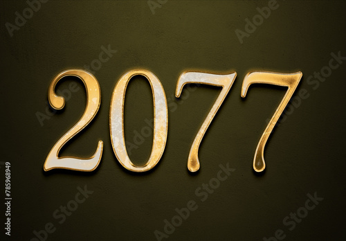 Old gold effect of 2077 number with 3D glossy style Mockup. 