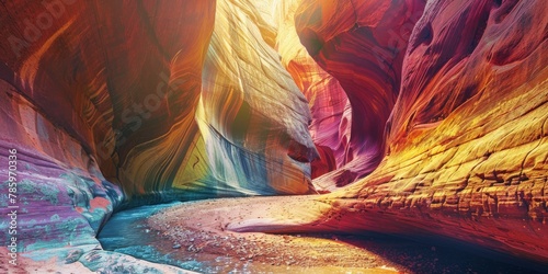 A colorful canyon with a river running through it