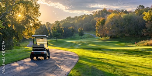 A golf cart is driving down a dirt road in a lush green field