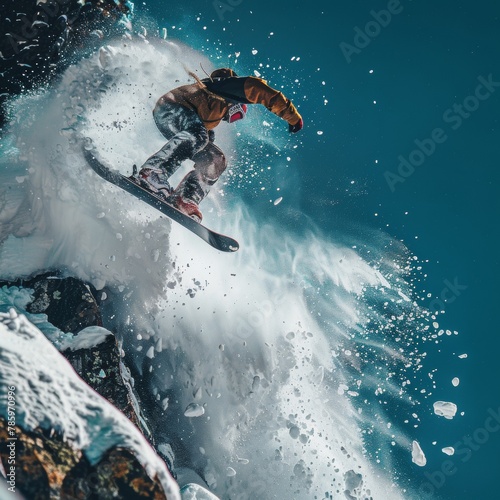 Action shot of a snowboarder in mid air after jumping off a cliff with a dynamic spray of snow splash action scene