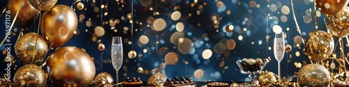 Glittering golden balloons and sparkling streamers cascading down from above, framing a table set with an array of decadent desserts and champagne flutes, against a luxurious midnight blue background.