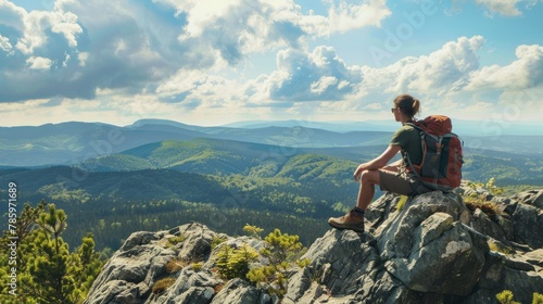 A hiker taking a break to enjoy the view from a rocky outcrop. 