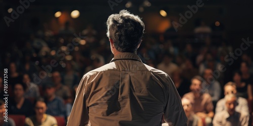 A man stands in front of a crowd of people, giving a speech