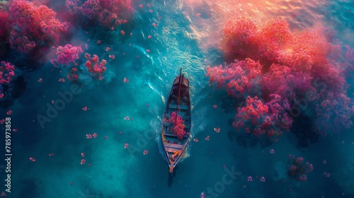 A short aerial scene capturing a ship with flowers sailing through the captivating mix of hot and cold waters.