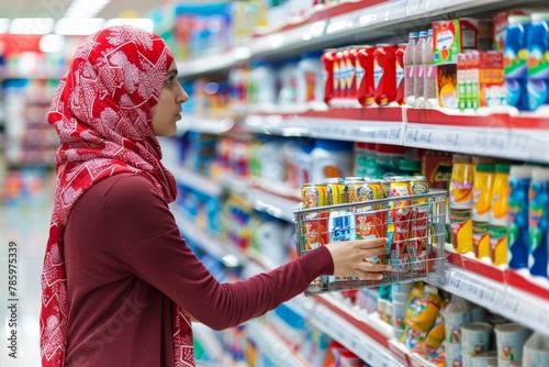 Middle eastern woman in turban shopping for groceries, promoting diversity and healthy lifestyle