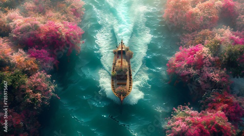 Above view of a vessel, flowers adorning, sailing through the enchanting confluence of hot and cold waters.
