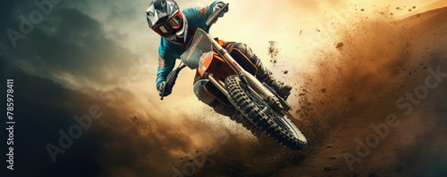 Motocross rider performing in a dusty track