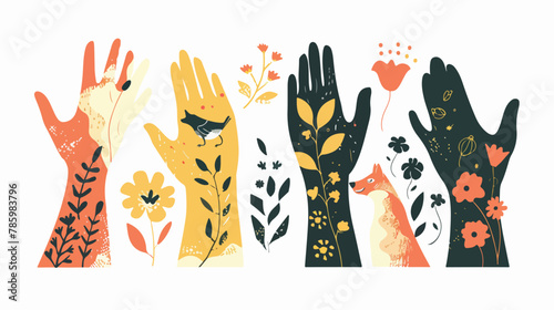 Tender female hands. Four nationalities. Different ges