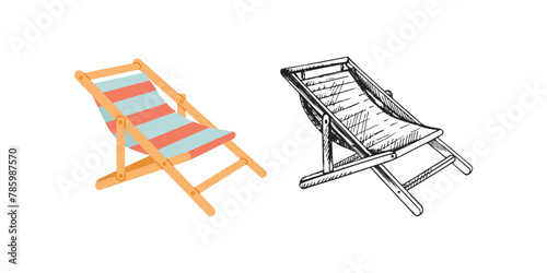 Cute hand drawn beach chair. Flat and outline black vector illustration isolated on white background. Doodle drawing.