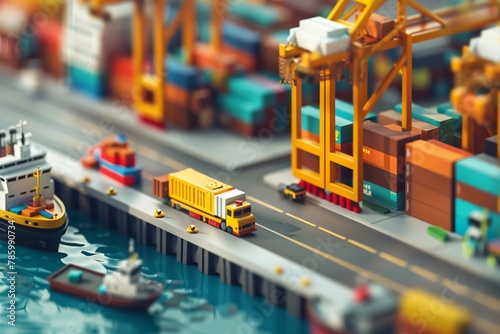 Miniature of cargo port activity, truck carrying a container to the dockyard