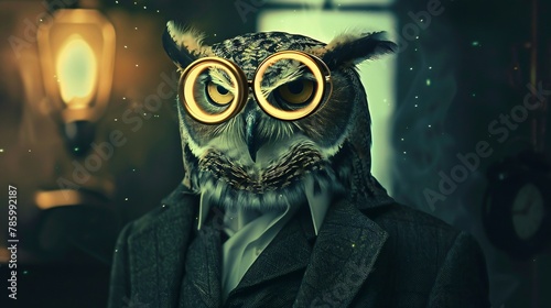 an half owl and half man creature wears glowing glasses act like a professor staring at us