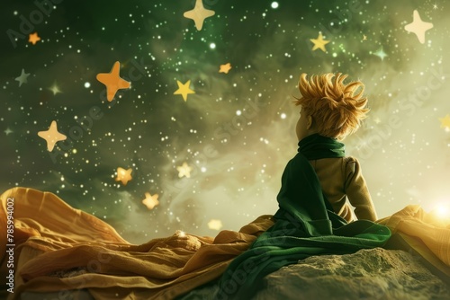 Little Prince gazing at the stars and contemplating the mysteries of the universe. 