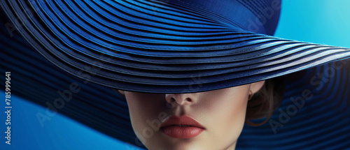 A woman wearing a big blue hat is hiding her eyes.