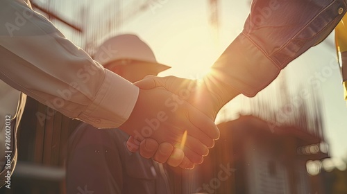 The engineer and contractor join hands after signing the contract, symbolizing their collaboration on a modern building project together, amidst the glow of sunlight