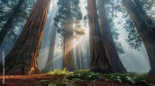 A majestic grove of ancient sequoias reaching towards the sky, their towering forms cloaked in moss and ferns amidst a carpet of pine needles, a testament to the enduring power and beauty 