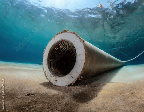 Underwater view of an uncompleted large pipe on a sandy beach in the Sea
