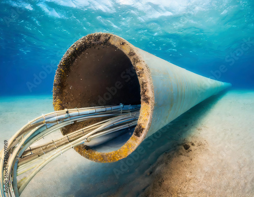 A large uncompleted old pipe with undersea internet cables lies motionless on top of the sandy ocean floor