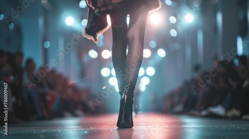 Close-up of a model's elegant stride on the fashion show runway