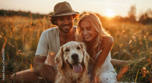 A man and a woman are sitting in a field with a golden retriever