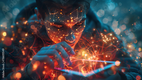 A person immersed in tablet use, surrounded by a tangle of glowing cables, depicts internet addiction