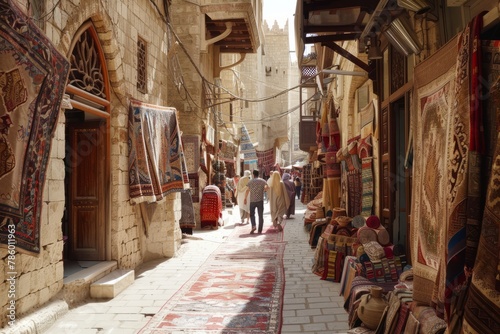 A traditional bazaar in a Middle Eastern city, with narrow alleyways lined with shops selling handmade rugs, pottery, and textiles, amidst bustling crowds, Generative AI