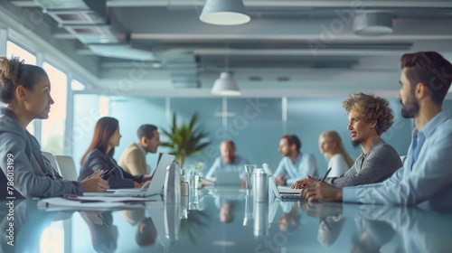 a group of people are sitting around a conference table having a meeting