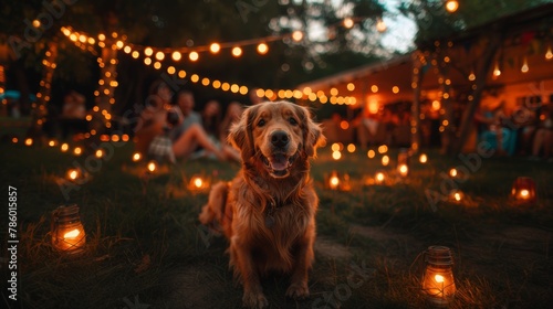 Group of young friends enjoy a summer evening outdoors, playing and laughing with a golden retriever under a canopy of string lights.