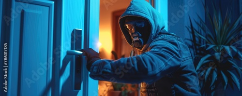 detailed view of a hooded burglar in the act of breaking into a house, with focus on the hands picking a lock