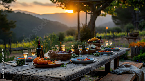 Rustic outdoor table, surrounded by nature, where dishes made with local and seasonal ingredients are served. A country meal is shown that highlights the connection between gastronomy and nature.