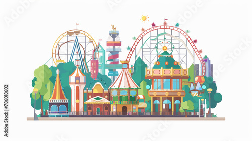 amusement park flat graphic, theme park, illustration, isolated on white, cartoon icon