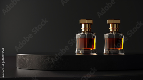 Two luxury perfume bottles and black background