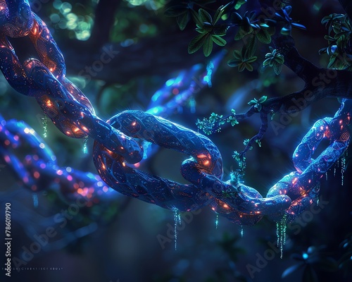 Forever chemicals visualized as unbreakable chains, entwining nature, a stark reminder of environmental endurance, dark yet illuminating, 