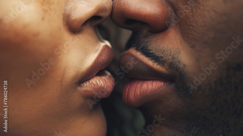 Close-up of a couple's lips about to kiss. 