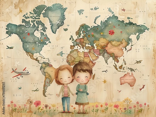 Cartoon kids with planes on a world map, travel dream, soft beige background