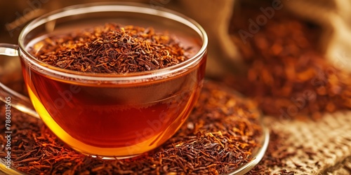 A cozy cup of rooibos tea in transparent glass, highlighting the deep amber color of the tea with loose leaves aside