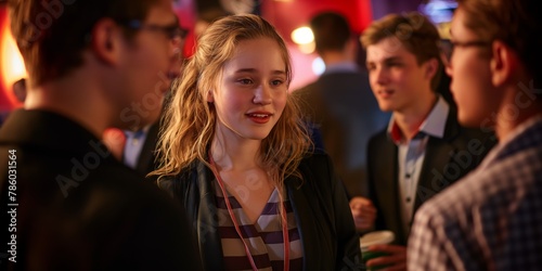 Young adult girl smiling candidly while socializing at a party environment