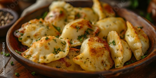 Delicious pierogies served in a rustic clay bowl with melted cheese and herbs, a traditional Eastern European dish