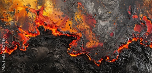 An abstract representation of magma flowing beneath the earth's surface, with vibrant reds and oranges mixing with dark, volcanic rocks. 