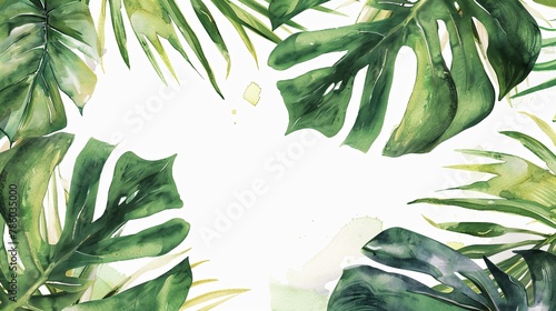 Tropical Leaves Watercolor Illustration on White Background with Space for Text Exotic Botanical Summer Design Concept banner