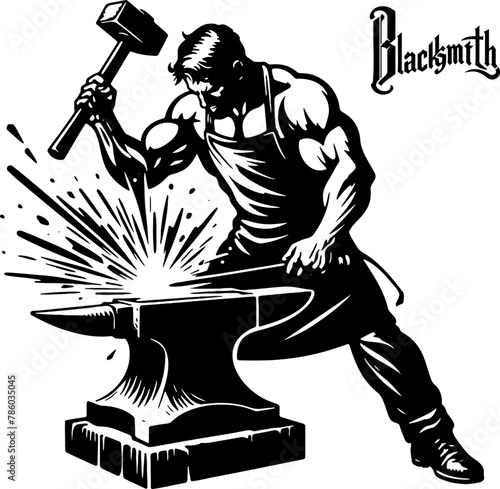 A muscular smith strikes the anvil with a hammer causing sparks to scatter in a vector image