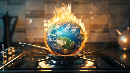 Earth depicted as a globe boiling in a pot on a gas stove, conceptualizing global warming and climate change