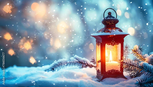 Winter candlelight lantern decoration in winter landscape. Generative ai design concept art.