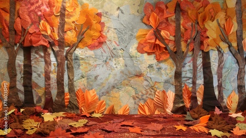 An autumn forest with trees of orange and red crepe paper and a ground covered with leaves made from cut felt.